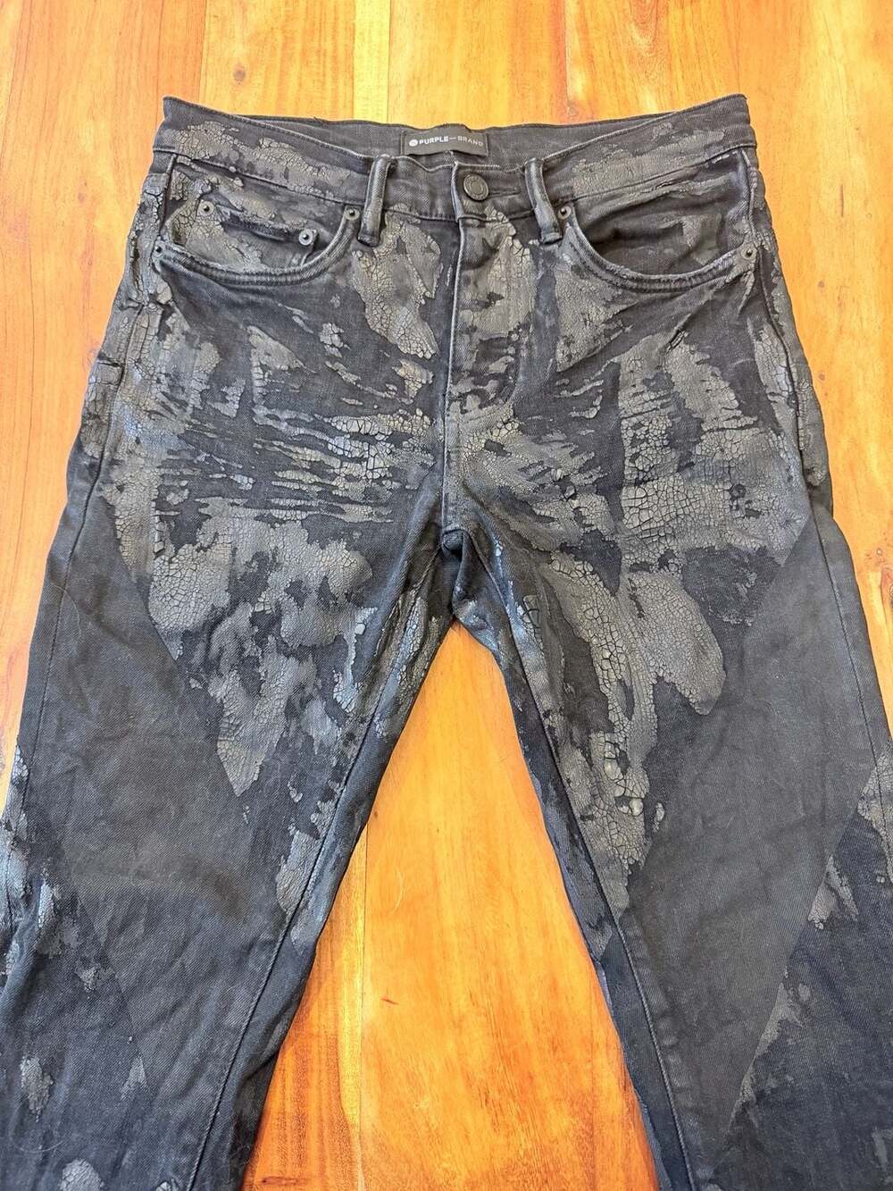Purple Brand P001 Slim-Fit Low Rise Jeans in Black Crackle Paint with Foil